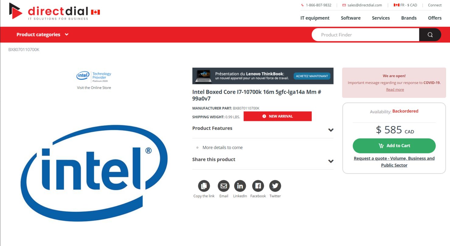 Intelの第10世代Comet LakeデスクトップCPUの価格が明らかに–コアi9-10900が10コアで500ドル未満、Core i7