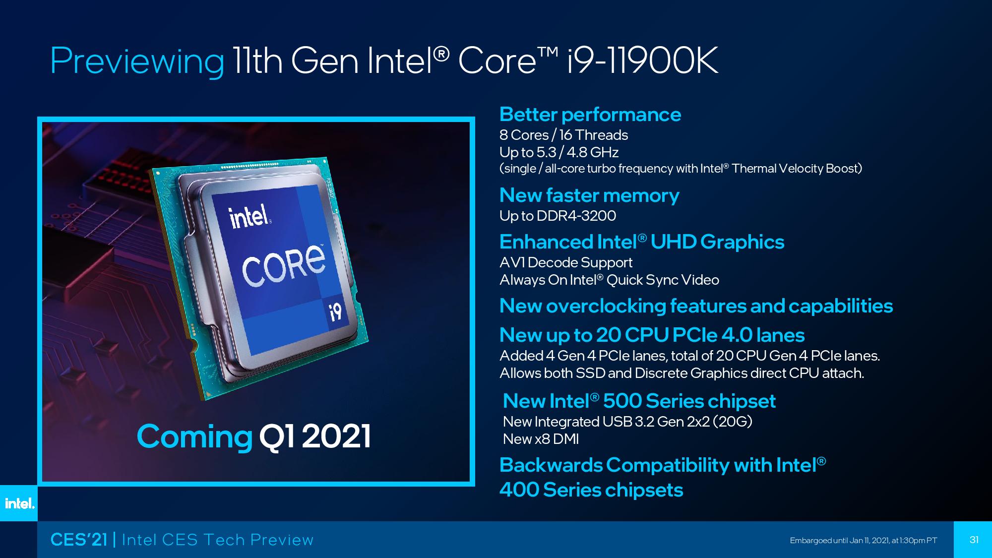 Intel Core i9-11900K、Core i7-11700K、Core i5-11600K Rocket Lake 