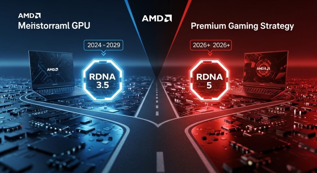 AMDのデュアルトラックGPU戦略を示す未来的な分割画面イラスト