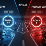 AMDのデュアルトラックGPU戦略を示す未来的な分割画面イラスト