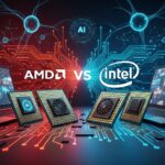 AIニューラルネットワークの視覚化を背景に、AMDの赤とIntelの青で対比