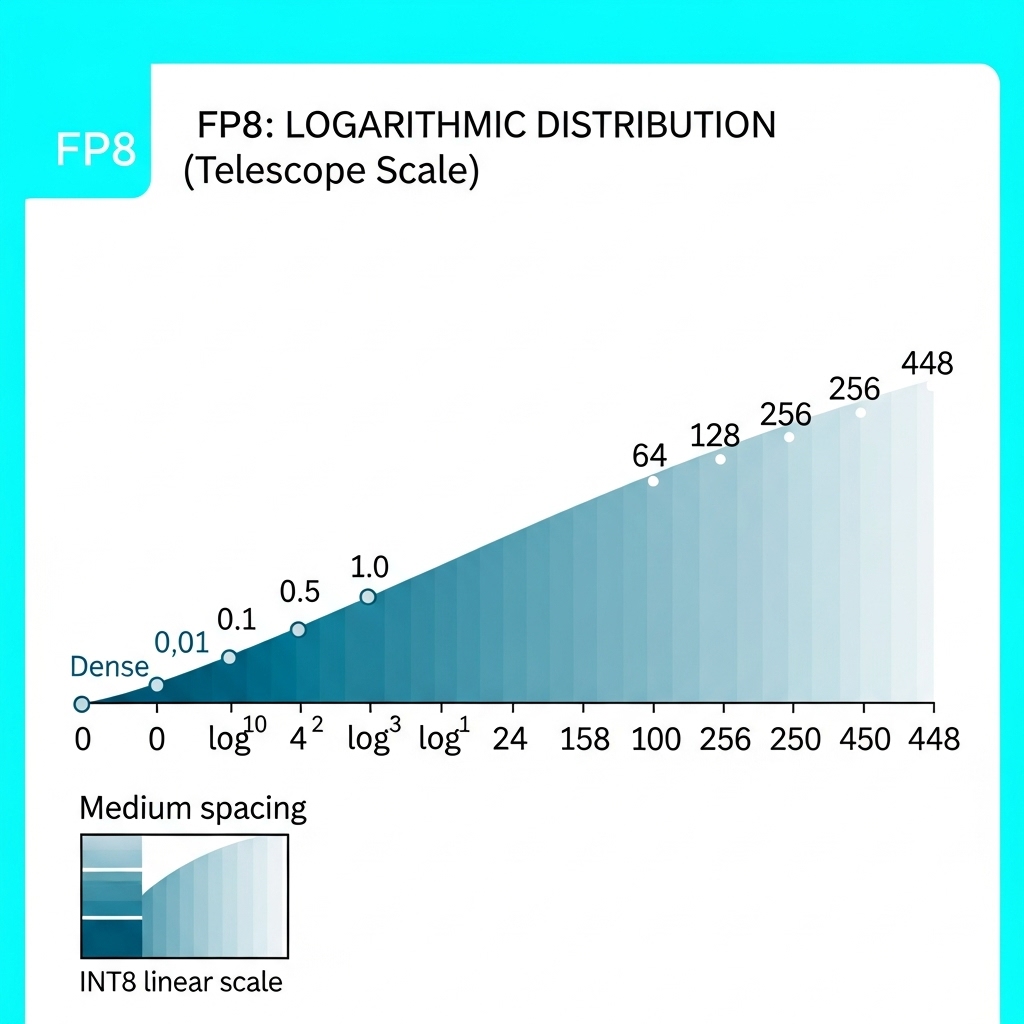 FP8 の 0 から 448 までの対数線を対数間隔で表示