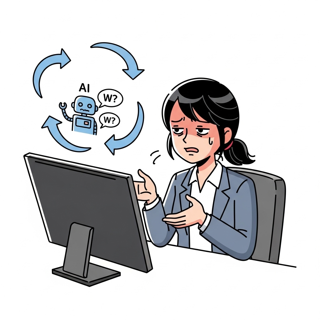 コンピュータ画面のAIに同じことを繰り返し説明する疲れた人、無限ループを示す円形の矢印、困惑した表情、モダンなイラストスタイル