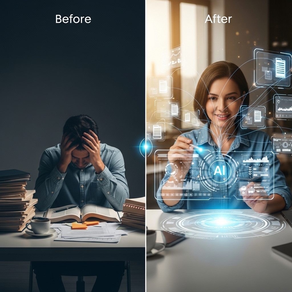 "image-placeholder" data-prompt="ビフォーアフター比較、左は一人で苦労する人、右は知識ファイルを使ってAIと自信を持って作業する人、変革とエンパワーメントのテーマ