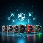 NVIDIAのグラフィックスカード、セキュリティシールドのアイコン、デジタルロックとキーのシンボル、青と緑のサイバーセキュリティ