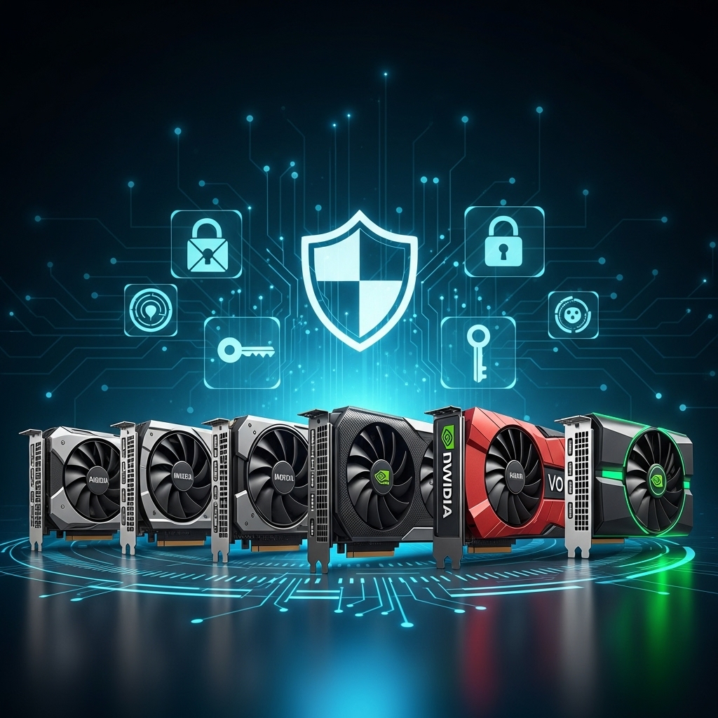 NVIDIAのグラフィックスカード、セキュリティシールドのアイコン、デジタルロックとキーのシンボル、青と緑のサイバーセキュリティ
