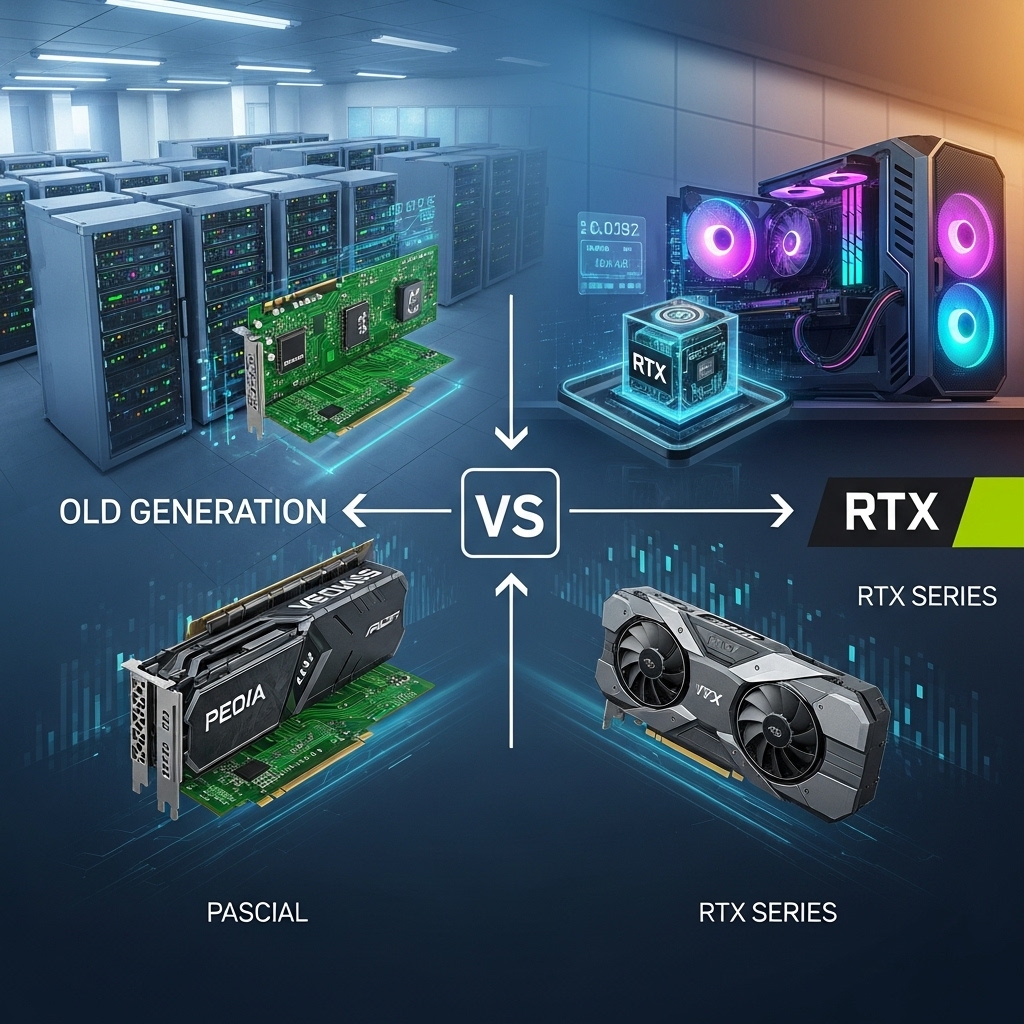 データセンターとゲーミングPCの対比、古い世代のGPUから新しいRTXシリーズへの移行をイメージ