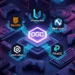 複数のLinuxゲーミングディストリビューションのロゴ（Bazzite、Universal Blue、ASUS Linux、PikaOS）が光る青い回路線で相互接続され、連携ネットワークを形成している様子