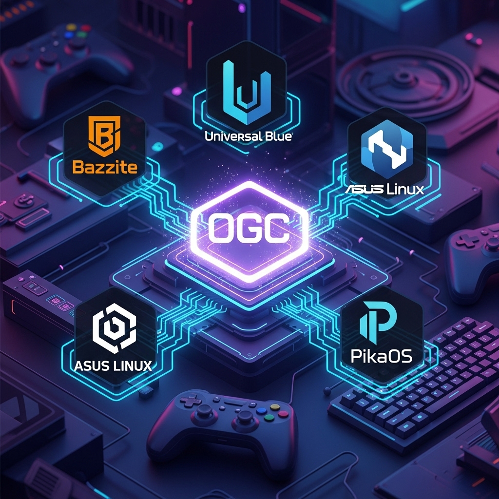 複数のLinuxゲーミングディストリビューションのロゴ（Bazzite、Universal Blue、ASUS Linux、PikaOS）が光る青い回路線で相互接続され、連携ネットワークを形成している様子
