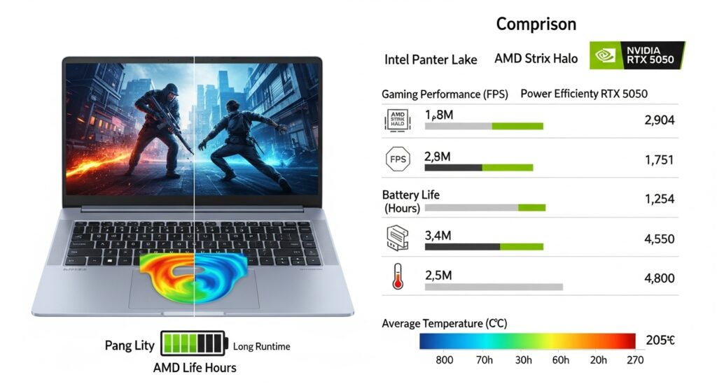 ゲーミングノートPCの性能比較表、Intel Panther Lake vs AMD Strix Halo vs Nvidia RTX 5050