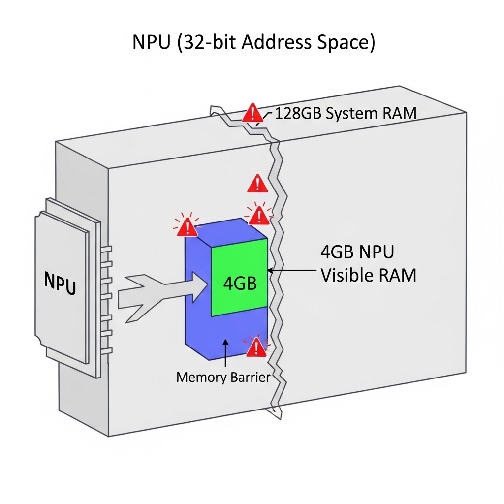 NPU 32 ビット アドレス空間の制限、128 GB のシステム RAM のうち NPU に認識されるのは 4 GB のみ 