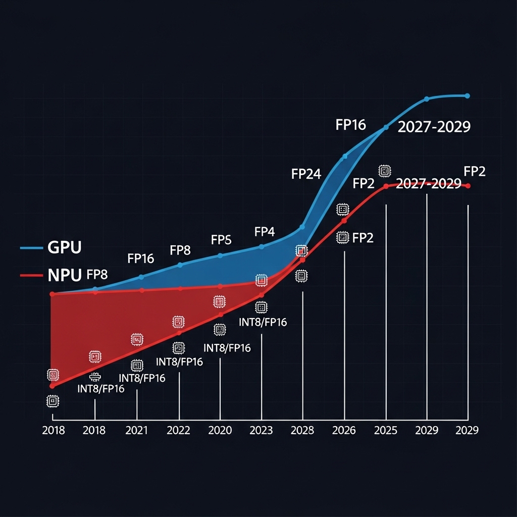 2018年から2029年までのGPUとNPUの技術格差を示すタイムラインの視覚化