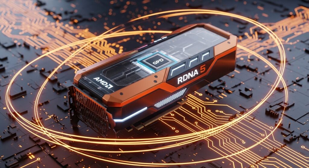 未来的なオレンジと黒のデザインのAMD RDNA 5グラフィックスカード