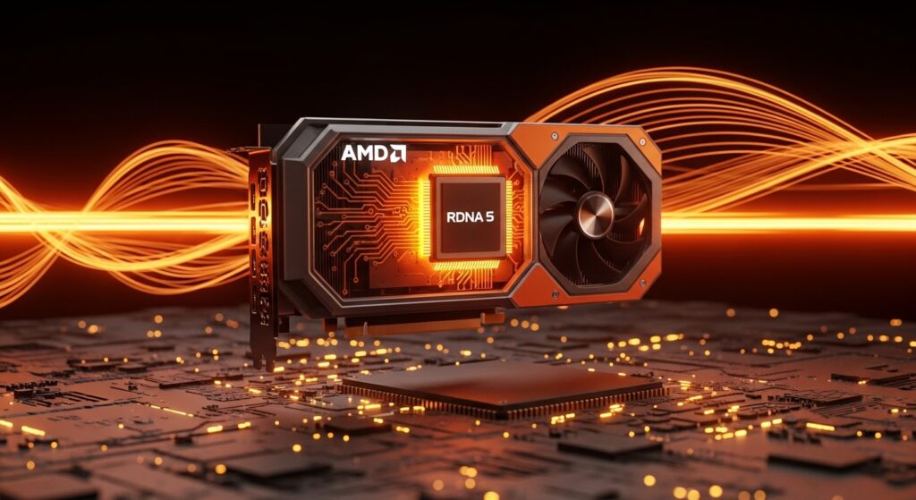 未来的なオレンジと黒のデザインのAMD RDNA 5グラフィックスカード