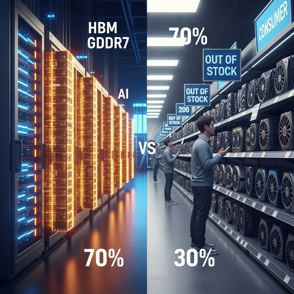 大量のHBMとGDDR7メモリを消費するAIデータセンターを示し、もう片側にはPCコンポーネントストアの空の棚や、グラフィックスカードの「在庫切れ」サインを見て困惑するゲーマー
