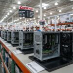 コストコの店内を写実的に再現した風景。棚に並べられたデスクトップPCのディスプレイには、空のRAMスロットと未装着のグラフィックカード