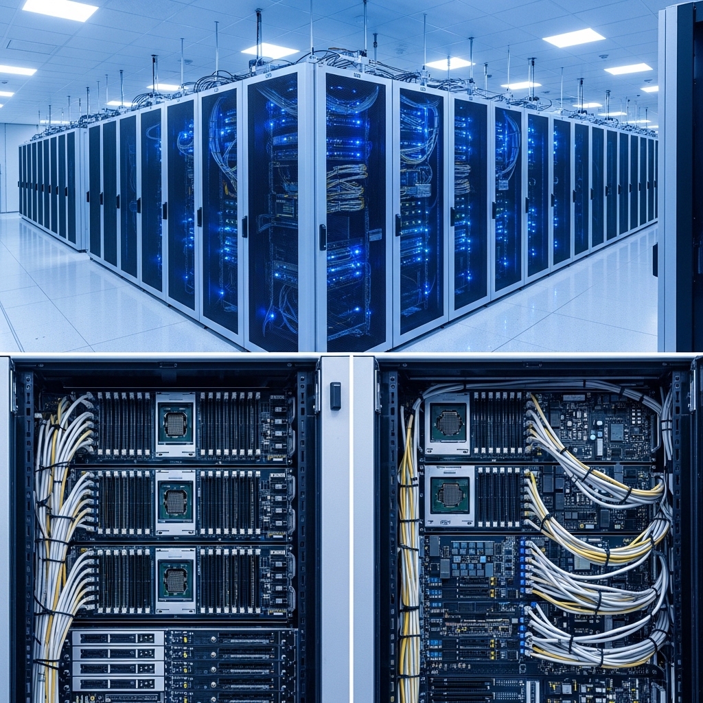 青色LEDインジケーターが光るサーバーラックが並ぶ現代的なデータセンター内部