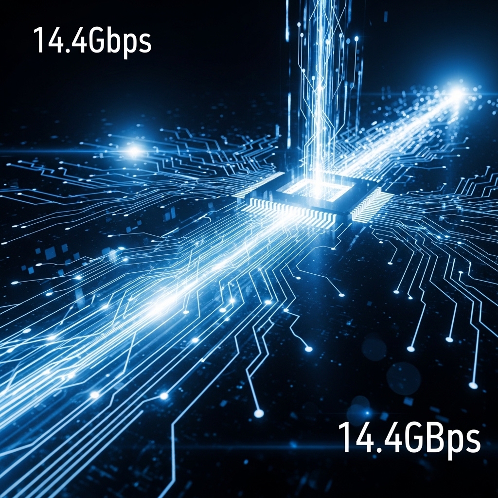 14.4Gbps速度でメモリチャネルを流れるデータの抽象的ビジュアライゼーション