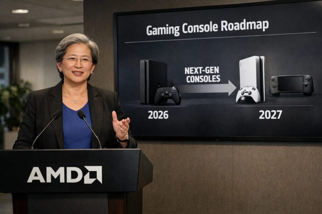 AMD CEOのLisa Su氏が決算説明会の演台でプレゼンテーション、プロフェッショナルなビジネス環境