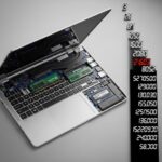 メモリモジュールとSSDストレージチップが積み重なり、赤い上昇トレンド矢印が重なる様子