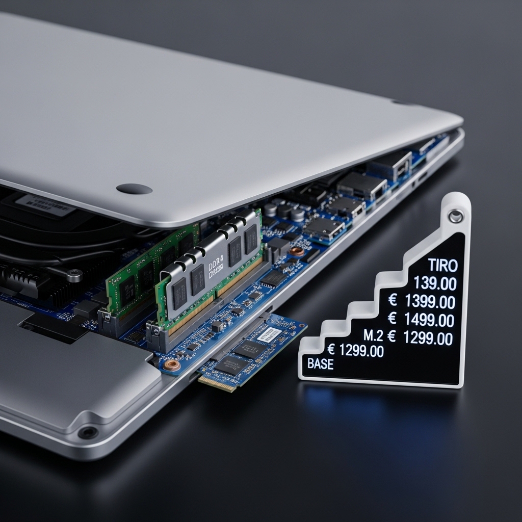 内部構造が見える最新ノートPC。RAMスロットとM.2 SSDが可視化され、増加する数字の価格タグが付いた製品写真