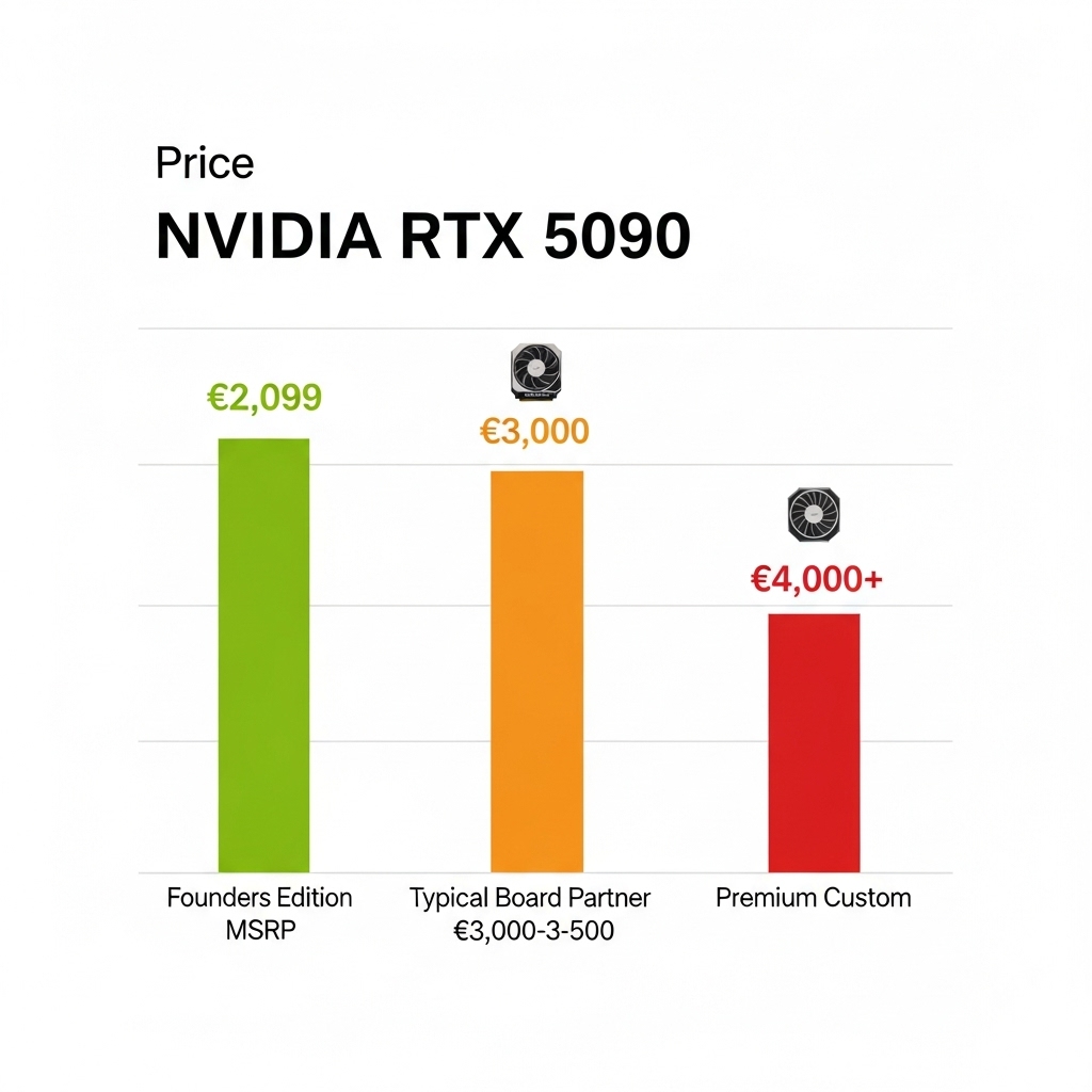 NVIDIA RTX 5090の欧州市場における価格比較チャートを示す、すっきりとしたインフォグラフィック