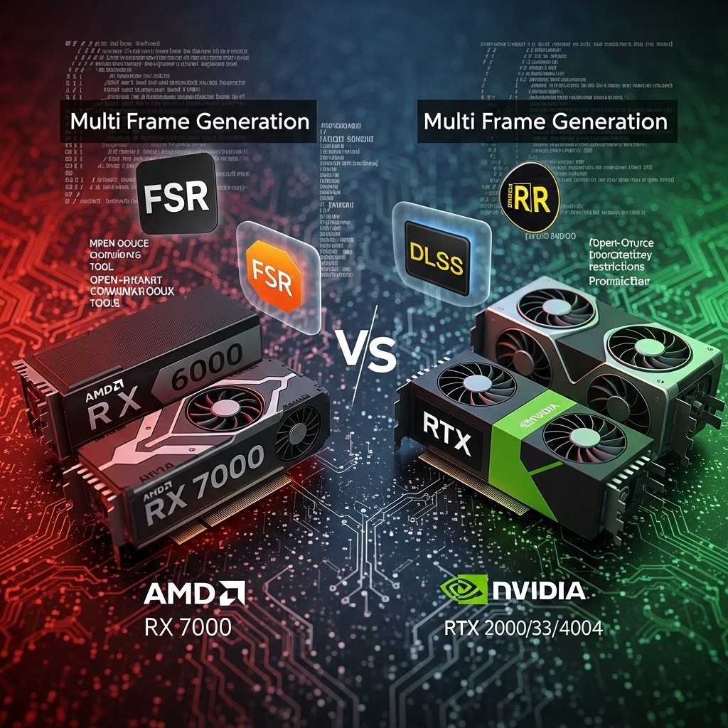 AMDの複数世代GPU(RX 6000、RX 7000)とNvidia(RTX 2000/3000/4000)がマルチフレーム生成技術を競う印象的なテック・ビジュアライゼーション
