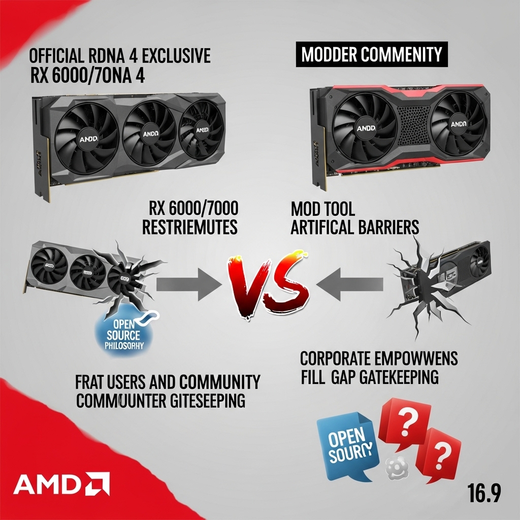 AMDの戦略的ジレンマの概念的視覚化:公式RDNA 4独占対MOD開発コミュニティの成果