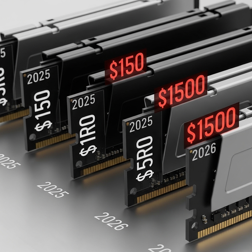 2025年から2026年にかけて時系列に配置されたDDR5メモリモジュールのクローズアップ