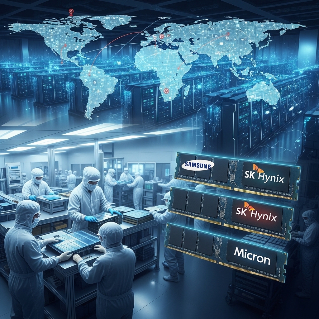 AIデータセンターとHBMメモリチップのコンセプトイラスト。Samsung・SK hynix・Micronの半導体製造工場クリーンルームと世界的なサプライチェーンの逼迫を表現