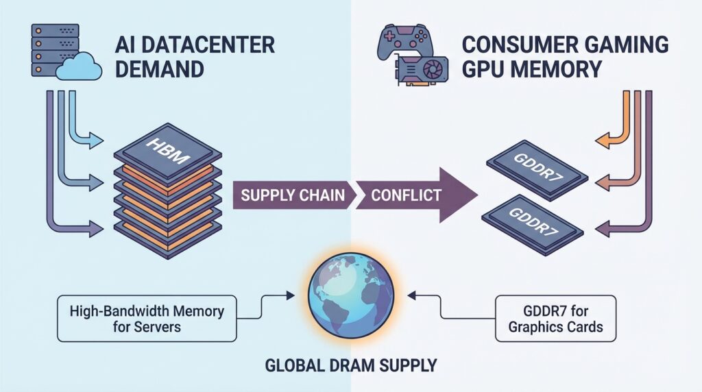 AIデータセンター向けHBMとゲーミングGPU向けGDDR7のDRAM供給争奪を示すインフォグラフィック