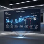 Intel GPUロードマップの視覚化ディスプレイ。Xe3からXe3P、Xe Nextアーキテクチャへの進化を示すタイムライン