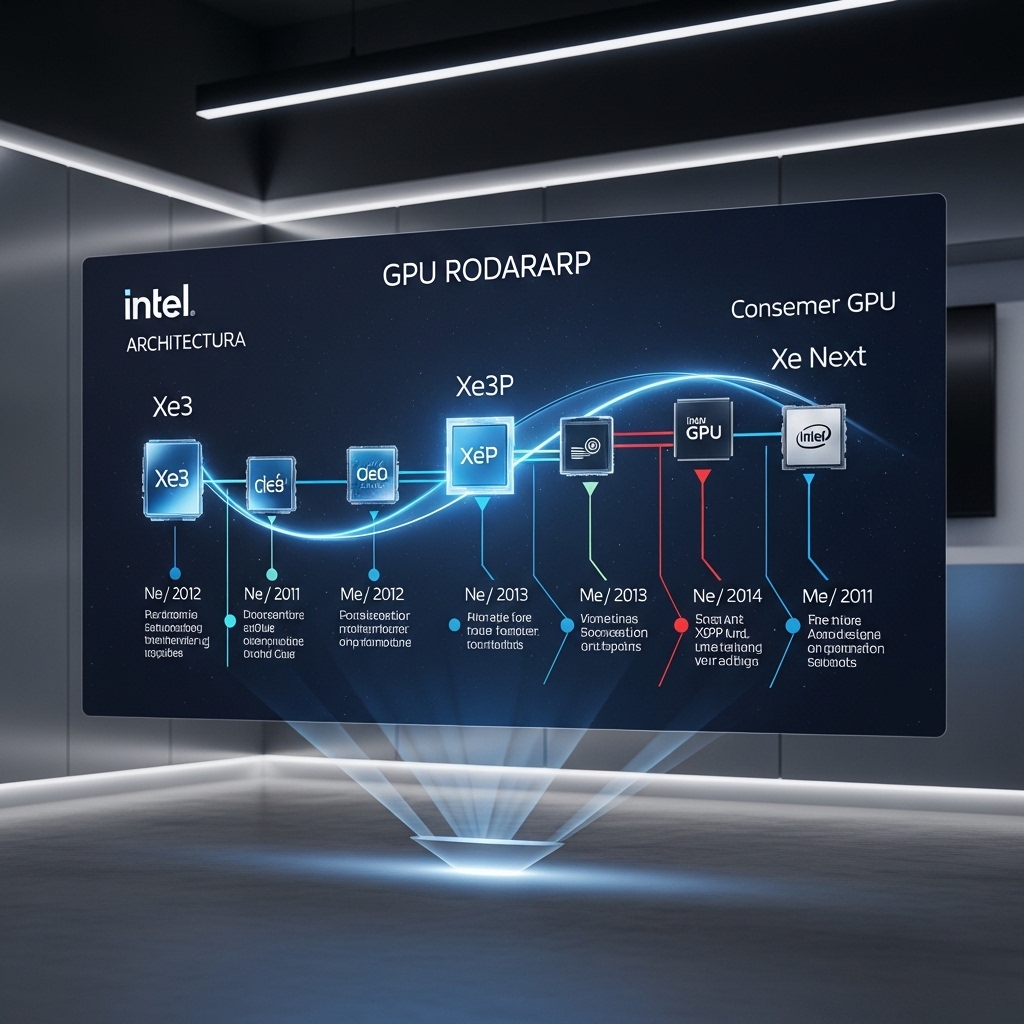 Intel GPUロードマップの視覚化ディスプレイ。Xe3からXe3P、Xe Nextアーキテクチャへの進化を示すタイムライン