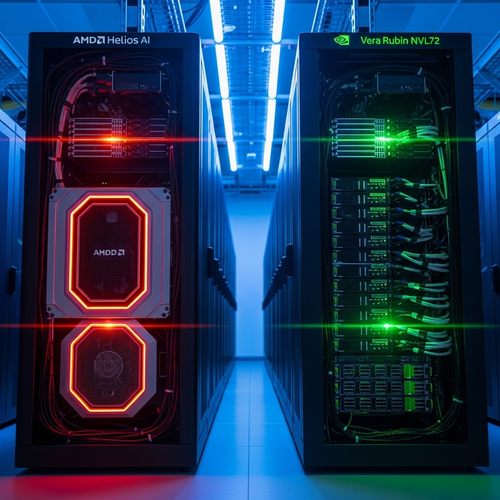 現代的なデータセンターに並ぶAMD HeliosラックとNVIDIA Vera Rubin NVL72ラック