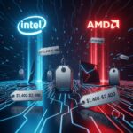 デジタル空間に浮かぶ高額なノートPCの価格タグを示す印象的なテック・ビジュアライゼーション