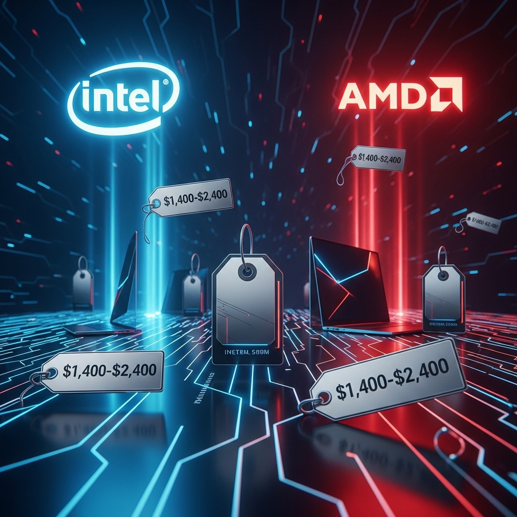 デジタル空間に浮かぶ高額なノートPCの価格タグを示す印象的なテック・ビジュアライゼーション
