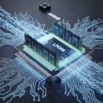 次世代AMDプロセッサチップと高速データストリームが流れるLPDDR6メモリモジュール
