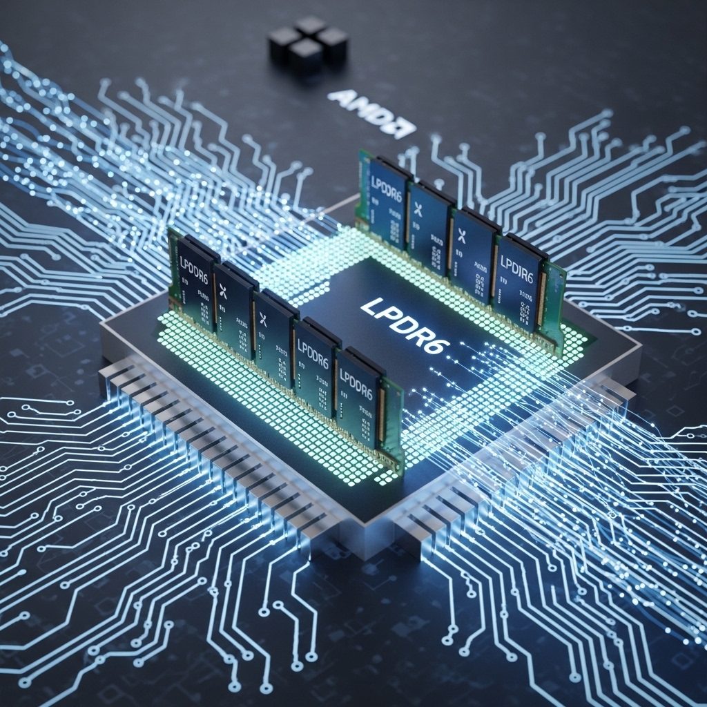 次世代AMDプロセッサチップと高速データストリームが流れるLPDDR6メモリモジュール
