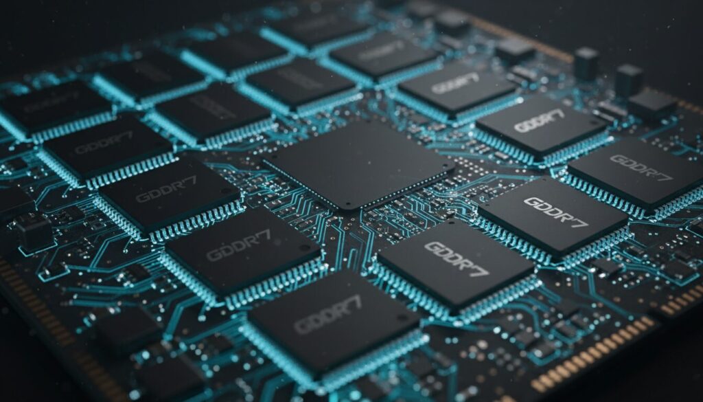 次世代GDDR7メモリモジュールのクローズアップ。