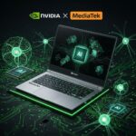 NVIDIAとMediaTekのブランドロゴをあしらった、未来的なデザインの洗練されたモダンなノートパソコン