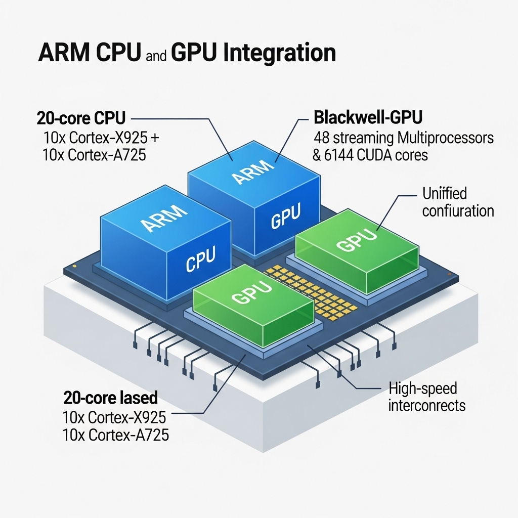 システムオンチップ設計におけるARM CPUとGPUの統合を示す技術図