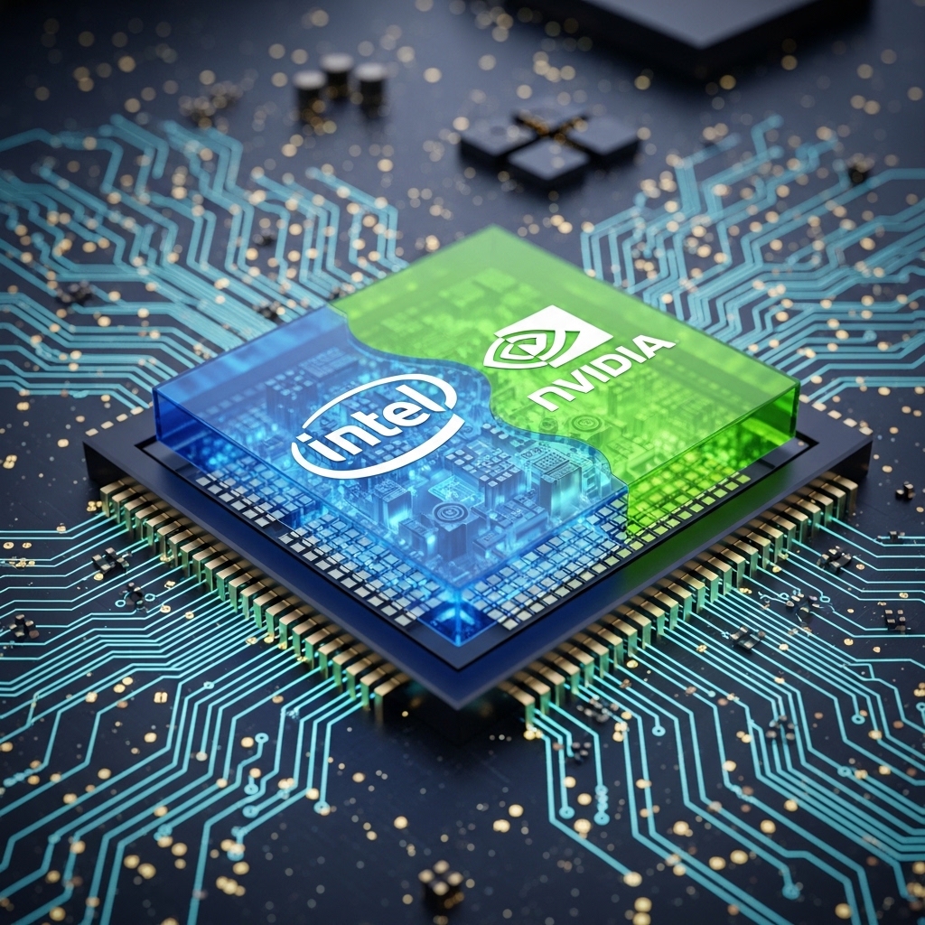 IntelとNvidiaのロゴが一枚のAPUチップパッケージに融合するイメージ