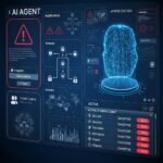 コンピュータ画面上のAIエージェントインターフェース。セキュリティ警告シンボルとデジタルロックが表示