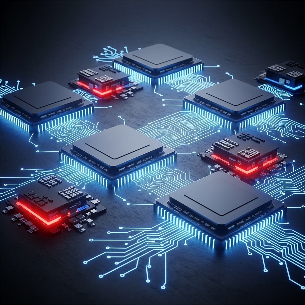 次世代AMDのGPUチップレットアーキテクチャを表現した未来的な半導体チップのレンダリング
