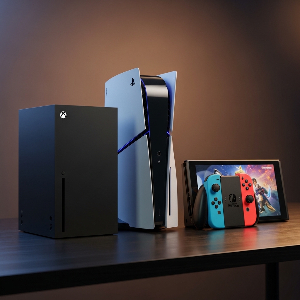 次世代ゲーム機3台(Xbox Magnus、PlayStation 6、Nintendo Switch 2)が並んで展示されたシーン