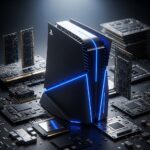PlayStation 6コンソールのコンセプトイメージ。青色LEDアクセントが光る洗練された未来的な黒いゲーム機