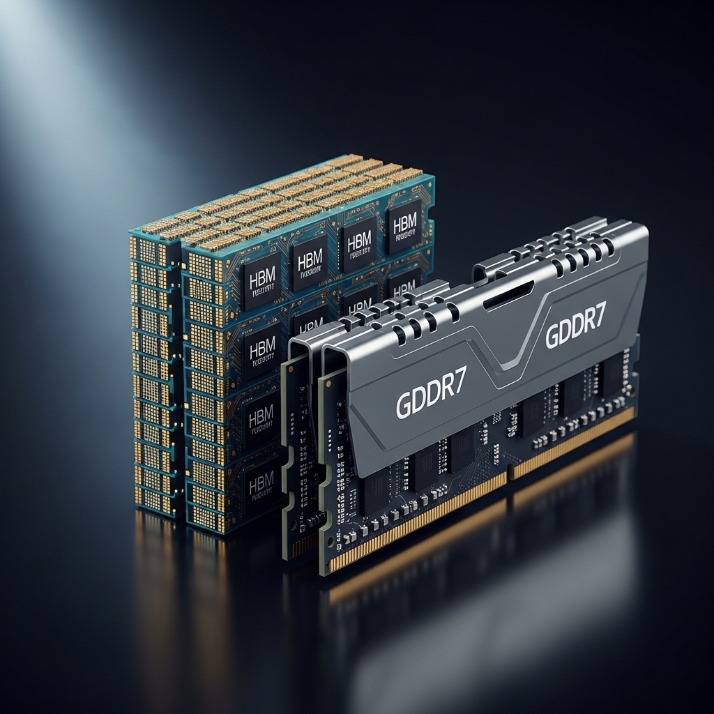 高帯域幅メモリ(HBM)チップスタックとGDDR7メモリモジュールが暗い背景に並べて展示