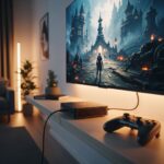 モダンなリビングルームに設置されたスリムな黒いミニPCコンソール