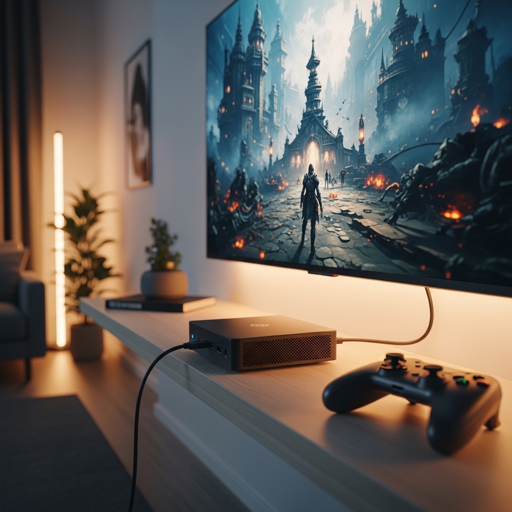 モダンなリビングルームに設置されたスリムな黒いミニPCコンソール