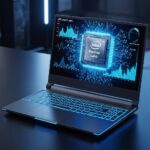 Intel Panther Lakeプロセッサを画面に表示する、青い光沢アクセントを持つスリムで現代的なゲーミングラップトップ